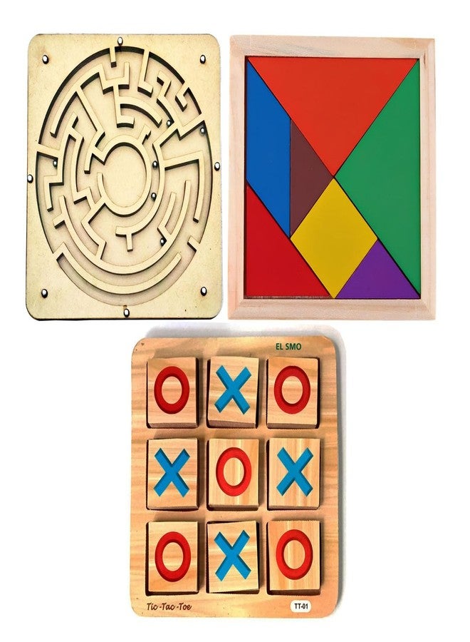EL SMO Wooden Tic Tac Toe, Tangram and Maze Ball Puzzle Game, Indoor Brain Teaser for Kids and Adults - Image 1
